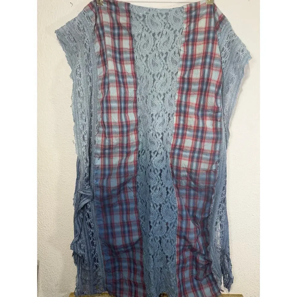 Free People Boho Lace Scarf Patchwork Plaid Cottagecore Oversized Blue Red 27x70